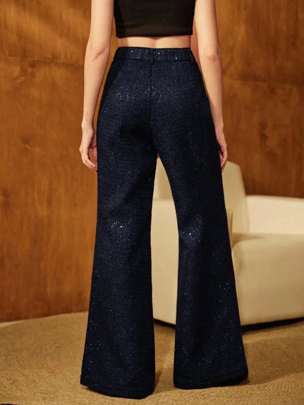 Navy Blue Elegant Tweed Flared Pants